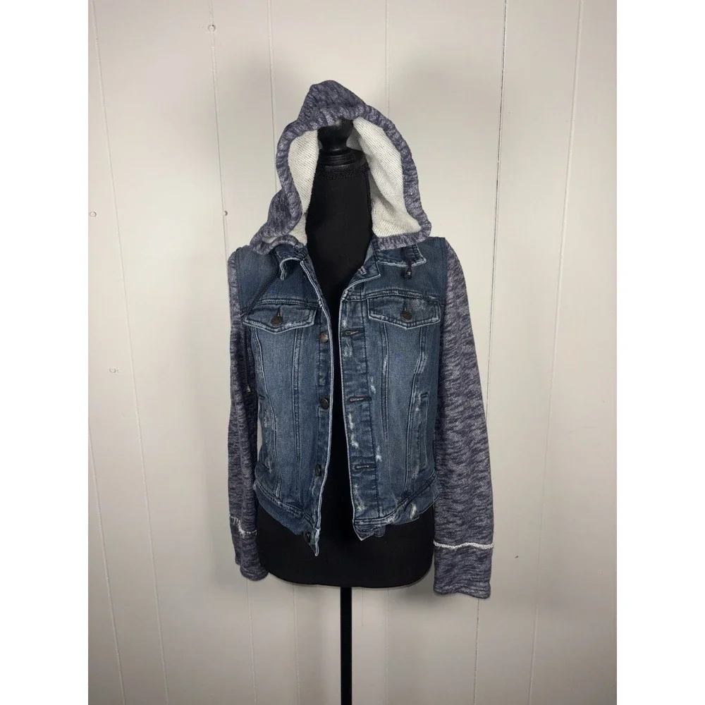 Free People Women's Cotton Denim Jean Woven Knit Sleeves Hoodie Jacket Blue Gray - Picture 1 of 10